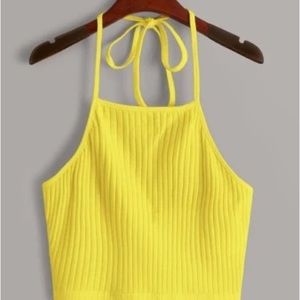 SHEIN Qutie Neon Yellow Tie Back Rib-Knit Halter Top